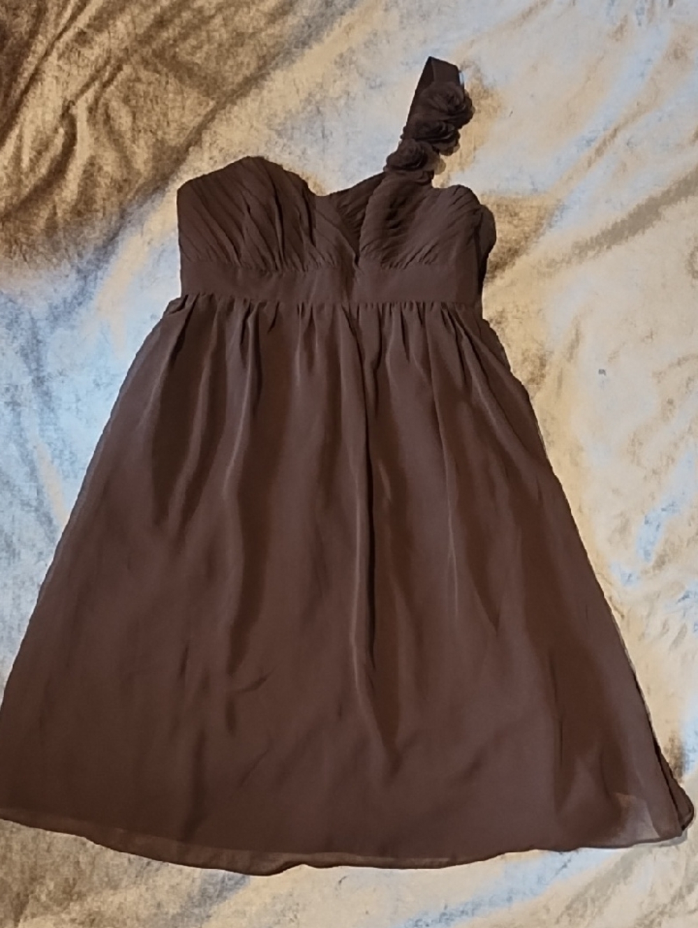 EUC Size 6 Alfred Angelo One-Shoulder Chocolate Brown Chiffon Dress.